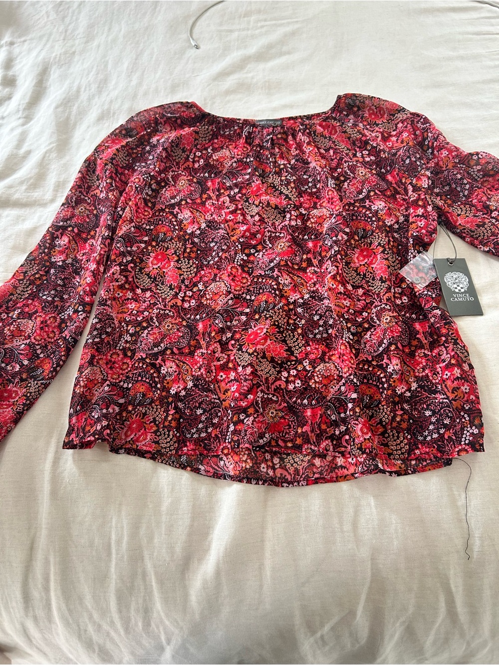 Vince Camuto Floral Print Long-Sleeve Top in Red and Black